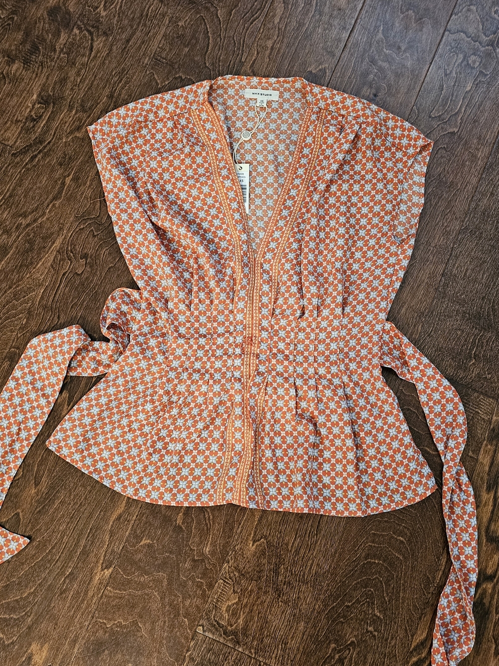 Max Studio Orange Floral Print Top with Waist Tie